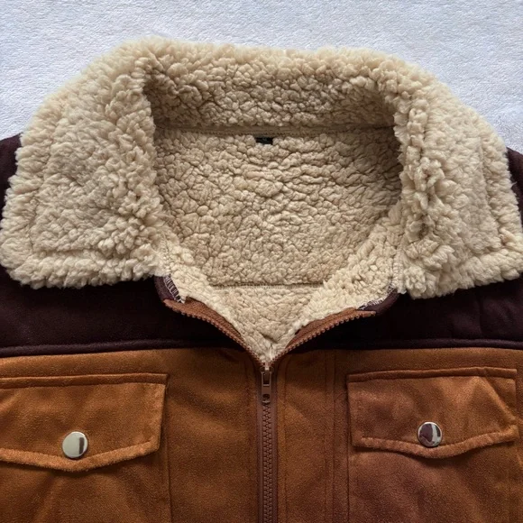 Men's Brown Faux Suede Sherpa Zippered Chore Jacket--NEW--S - Picture 10 of 15